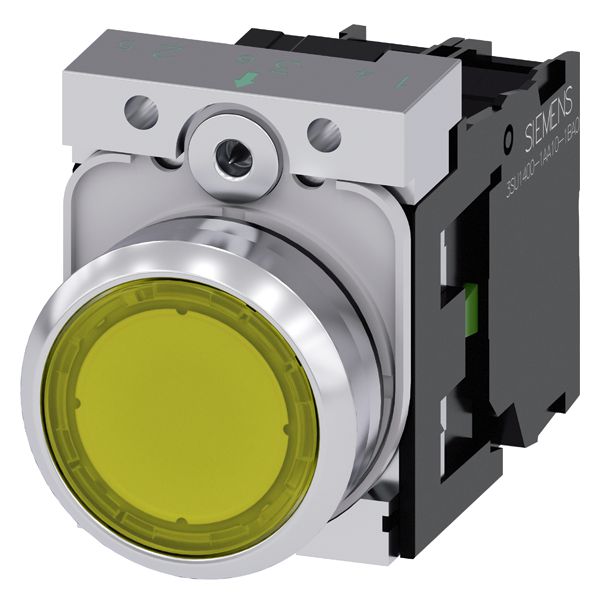 Illuminated pushbutton, 22mm, round, metal, shiny, yellow, flat button, momentary contact type, with holder, 1NO, led module, with integrated led 24V AC/DC, screw terminal