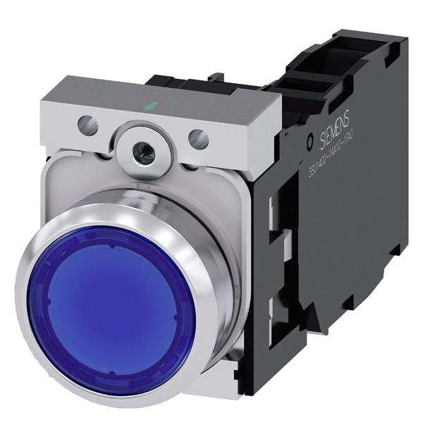 Illuminated pushbutton. 22mm. round. metal. shiny. blue. flat button. momentarycontact type. with holder. 1NO+1NC. led module. with integrated led 230V AC. screw terminal