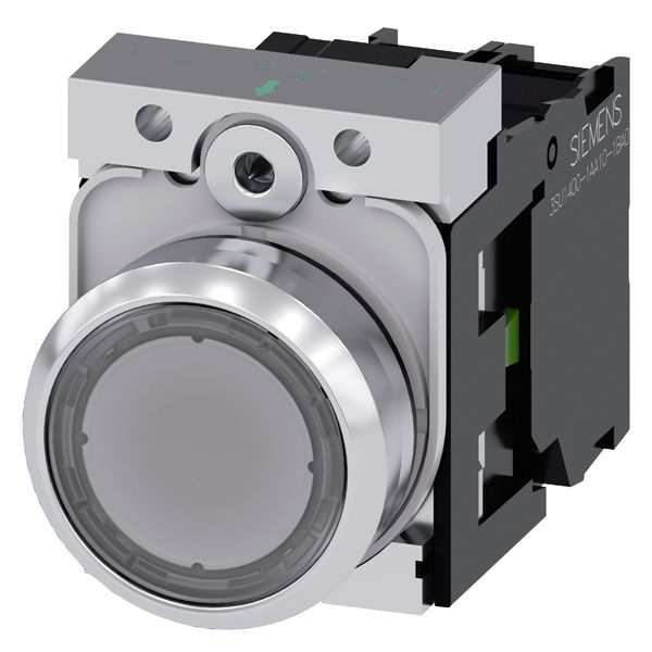 ILLUMINATED PUSHBUTTON, 22MM, ROUND, METAL, SHINY, CLEAR, FLAT BUTTON, MOMENTARY CONTACT TYPE, WITH HOLDER, 1NO, LED MODULE, WITH INTEGRATED LED 110V AC, SCREWTERMINAL