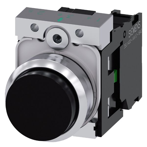 Pushbutton, 22mm, round, metal, shiny, black, raised button, momentary contact type, with holder, 1NO, screw terminal