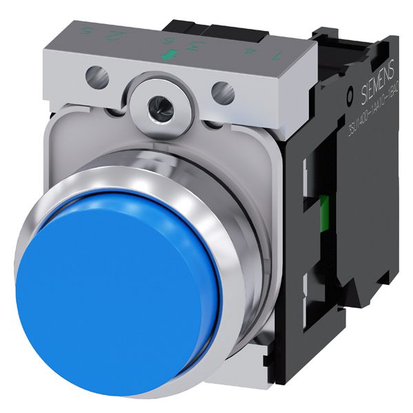 PUSHBUTTON, 22MM, ROUND, METAL, SHINY, BLUE, RAISED BUTTON, MOMENTARY CONTACT TYPE, WITH HOLDER, 1NO, SCREW TERMINAL