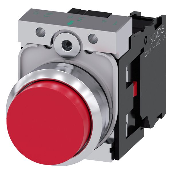 Pushbutton, 22mm, round, metal, shiny, red, raised button, momentary contact type, with holder, 1NC, screw terminal