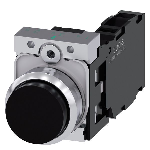 Pushbutton. 22mm. round. metal. shiny. black. raised button. momentary contact type. with holder. 1NO+1NC. screw terminal