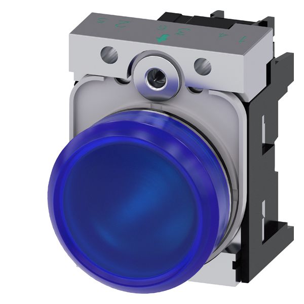 INDICATOR LIGHT, 22MM, ROUND, METAL, SHINY, BLUE, SMOOTH LENS, WITH HOLDER, LEDMODULE, WITH INTEGRATED LED 230V AC, SCREW TERMINAL