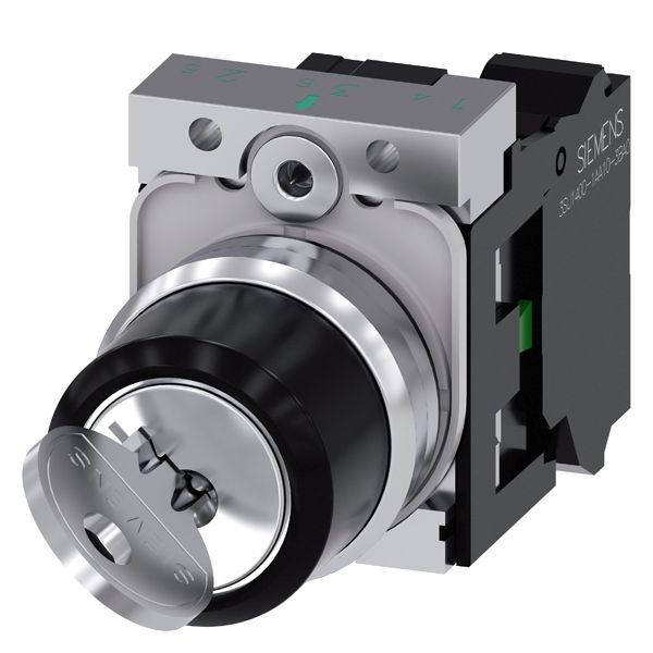 Ronis key-operated switch, 22mm, round, metal, shiny, lock no. sb30, with 2 keys, 2 switch positions o-i, latching, actuating angle 90 deg., 10 30h/13 30h, keyremoval pos. o+i, with holder, 1NO, spring-type terminal, possible special locks 3sb31, 421, 455