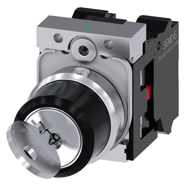 Ronis key-operated switch, 22mm, round, metal, shiny, lock no. sb30, with 2 keys, 2 switch positions o-i, latching, actuating angle 90 deg., 10 30h/13 30h, keyremoval pos. o, with holder, 1NC, 1NC, spring-type terminal, possible special locks 3sb31, 421, 455
