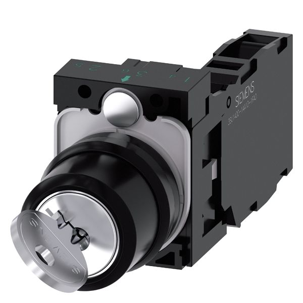 Ronis key-operated switch. 22mm. round. plastic. lock no. sb30. with 2 keys. 2 switch positions o-i. latching. 10 30h/13 30h. key removal pos. o+i. with holder. 1NO+1NC. screw terminal. possible special locks sb31. 421. 455