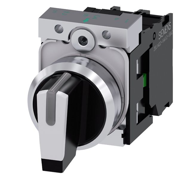 Selector switch, can be illum., 22mm, round, metal, shiny, black, white, short selector switch, 3 switch positions i-o-ii, latching, actuating angle 2x45 deg.,10 30h/12h/13 30h, with holder, 1NO, 1NO, screw terminal