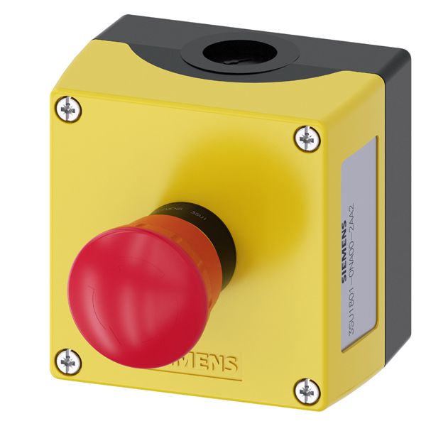 Enclosure for command devices, 22mm, round, enclosure material plastic, enclosure top part yellow, 1 command point plastic, command point at center, a=em. stopmush. pushb. red, 40mm, rotate to unlatch, 1NC, screw terminal, base mounting