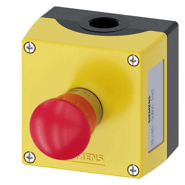 Enclosure for command devices, 22mm, round, enclosure material metal, enclosuretop part yellow, 1 command point metal, a=em. stop mushroom pushb. red, 40mm, rotate to unlatch, command point at center, 2NC, screw terminal, base mounting, top and bottom 1 x m20 eACh
