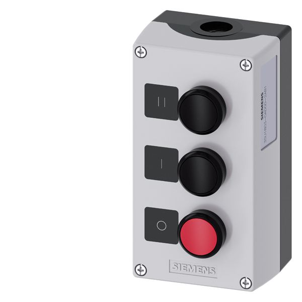 Enclosure for command devices, 22mm, round, enclosure material plastic, enclosure top part gray, 3 command points plastic, c=pushbutton black,label ii, 1NO, screw terminal, b=pushbutton black, label i, 1NO, screw terminal, a=pushbutton red, label o, 1NC, screw terminal, base mounting, top and bottom 1 x m20 eACh