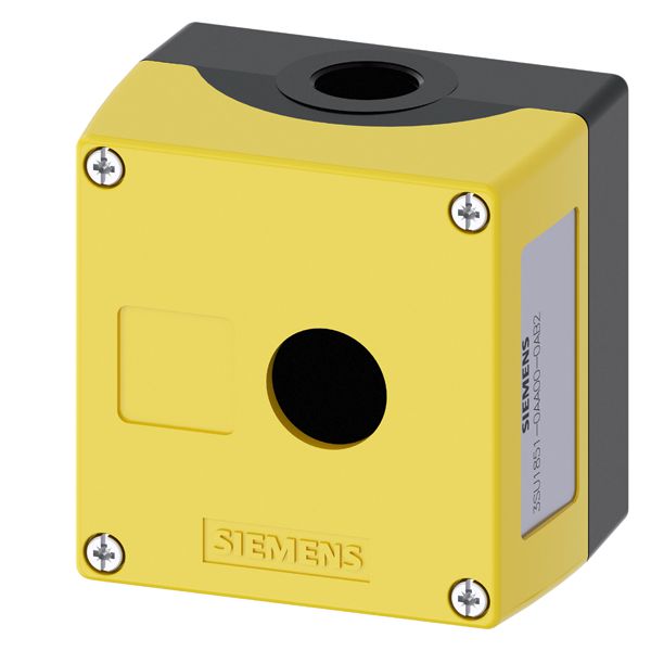 Enclosure for command devices,22mm, round, enclosure material metal, enclosure top part yellow, 1 metal command point, recess for labels, unequipped
