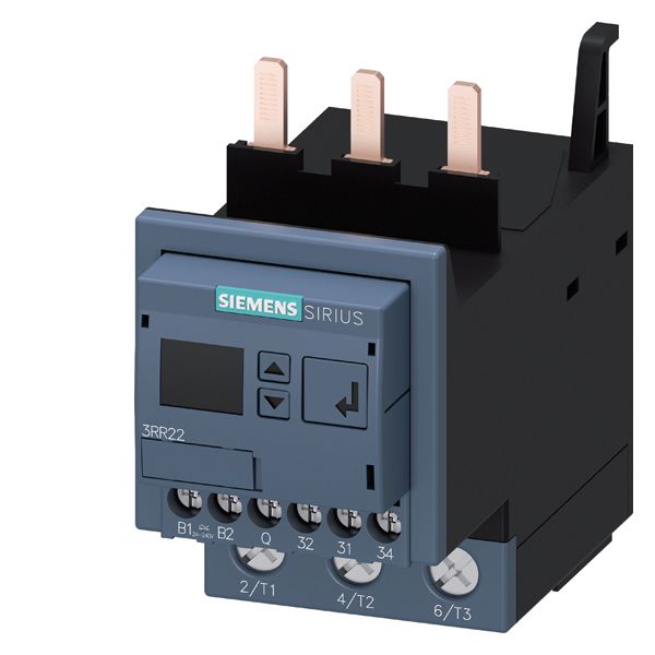 Monitoring relay attachable to contactor 3rt2. size s2 standard, digital adjustable apparent/active current monit. 8 - 80a, 20-400 HZ, 3-phase supply 24-240 V AC/DC 1 co contact, 1 semicond. for alarm and warning monitoring for current overshoot/undershoot phase failure, wire break phase sequence fault current blocking current warning and alarm thresholds with or w/o error log on-delay 0-99 s spurious peak suppr.0-30 s break after fault 0-300 min screw connection