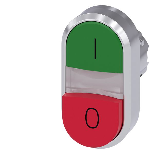 Illuminated twin pushbutton, 22mm, round, metal, shiny, green i, red o, flat and raised buttons