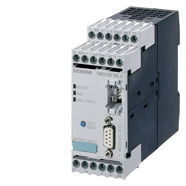 BASIC UNIT SIMOCODE PRO V MODBUS RTU INTERFACE 57,6 KBIT/S, RS485 4I/3O FREELY PARAMETERIZABLE US DC 24V THERMISTOR MOTOR PROTECTION RELAY OUTPUTS MONOSTABLE EXPANDABLE BY EXPANSION MODULES