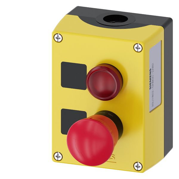 Enclosure for command devices, 22mm, round, enclosure material plastic, enclosure top part yellow, 2 command points plastic, b=indicator light red, led 24V, screw terminal, label without inscription, a=em. stop 40mm rotate to unl., label without inscription, 1NO, 1NC, 1NC, screw terminal, base mounting, top and bottom1 x m20 eACh