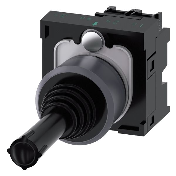 Coordinate switch. 22mm. round. plastic with metal front ring. black. 2 switch positions. vertical. mom. contact type. without mech. interlock in the o position. with holder. 1NO. 1NO. screw terminal