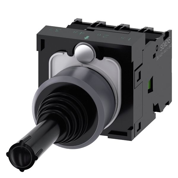 Coordinate switch. 22mm. round. plastic with metal front ring. black. 4 switch positions. momentary contact type. without mech. interlock in the o position. with holder. 1NO. 1NO. 1NO. 1NO. screw terminal