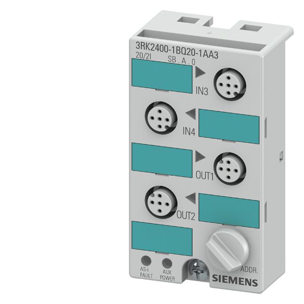 As-interface comp. module k45, a/b slave, dig., 2a/2e, ip 67, 2 inputs, 2 outputs 4 x m12 sock. w. std. assignm. mounting plate 3rk1901-2ea00 or order 3rk1901-2da00 separately