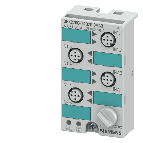 As-i compact module k45. a/b-slave. IP67. digital. 8 inputs. 8 x 1 input. max. 200ma. pnp. 4 x m12-socket y-assignment mounting plate 3rk19012ea00 or 3rk19012da00 to be ordered separately