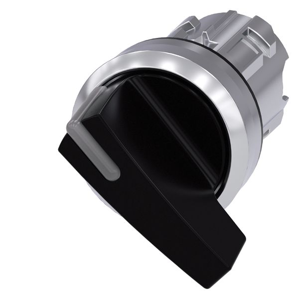 Selector switch. can be illum.. 22mm. round. metal. shiny. black. long selectorswitch. 2 switch positions o-i. latching. actuating angle 90 deg.. 10 30h/13 30h