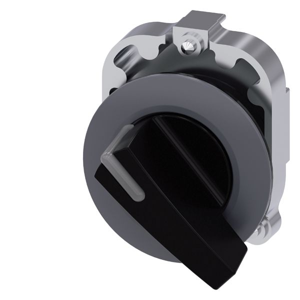 Selector switch. can be illum.. 30mm. round. metal. matt. black. long selector switch. front ring for flat install.. latching. actuating angle 90 deg.. 10 30h/13 30h