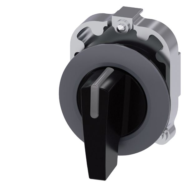 Selector switch. can be illum.. 30mm. round. metal. matt. black. long selector switch. front ring for flat install.. momentary contact type. actuating angle 2x45 deg.. 10 30h/12h/13 30h