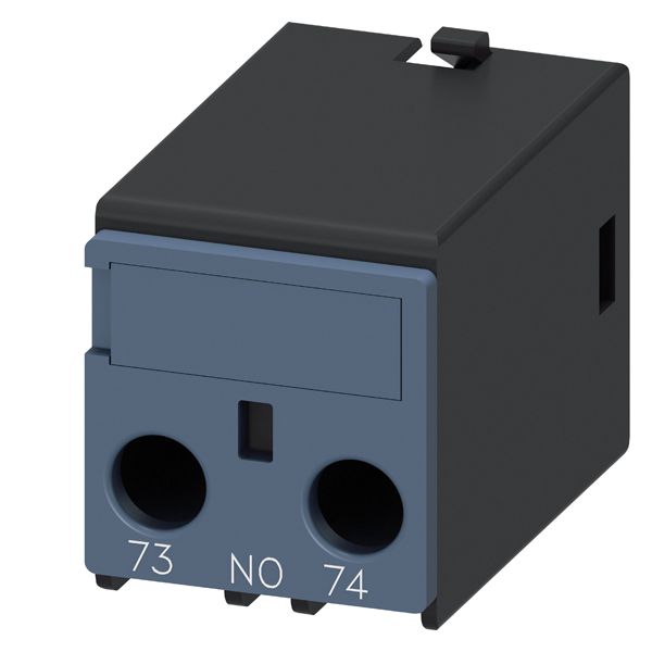 Aux.switch block,front,1NO, curr.path 1NO, conn. f. below, f. cont. relays a. motor cont., sz s00 and s0, screw terminal 73 / 74