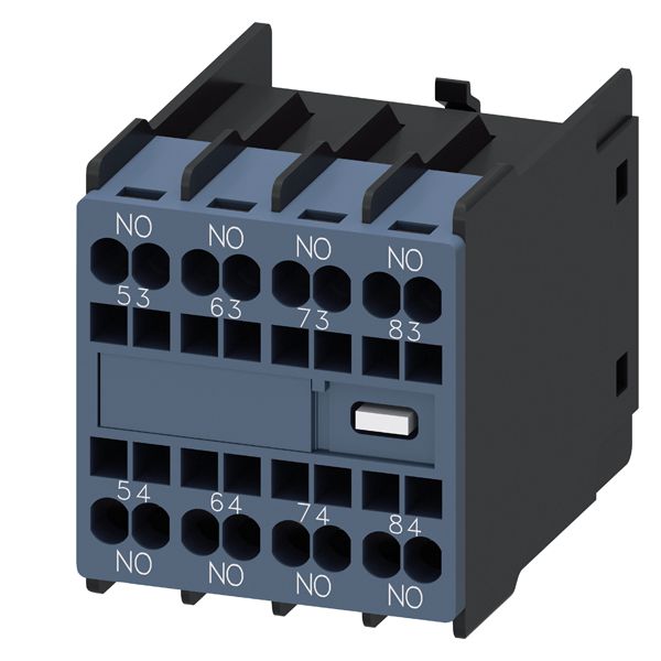 Aux.switch block,front,4NO, curr.path 1NO, 1NO, 1NO, 1NO, for contactor relays,sz s00, spring-loaded terminal 53 / 54,63 / 64,73 /74,83 / 84