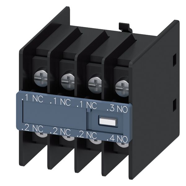 Aux.switch block,front,1NO+3nc, curr.path 1NC, 1NC, 1NC, 1NO, f. cont. relays a. motor cont., sz s00 and s0, ring cable lug connection .1 / .2,.1 / .2,.1 / .2,.3 / .4