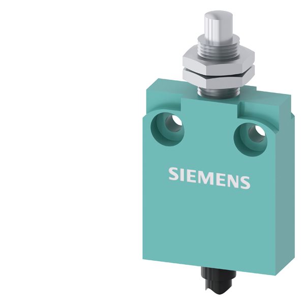 Position switch in compact design 40 mm wide with connection cable 2 m snap-action contacts 1 no+1 nc rounded plunger with central mounting