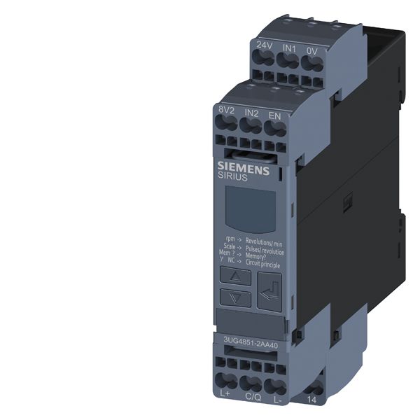 DIGITAL MONITORING RELAY SPEED MONITORING, FOR IO-LINK FROM 0.1 TO 2200 RPM OVERSHOOT AND UNDERSHOOT ON DELAY TIME TRIPPING DELAY TIME HYSTERESIS 0.1 TO 99 RPM1 CHANGE-OVER CONTACT, SPRING-LOADED TERMINAL