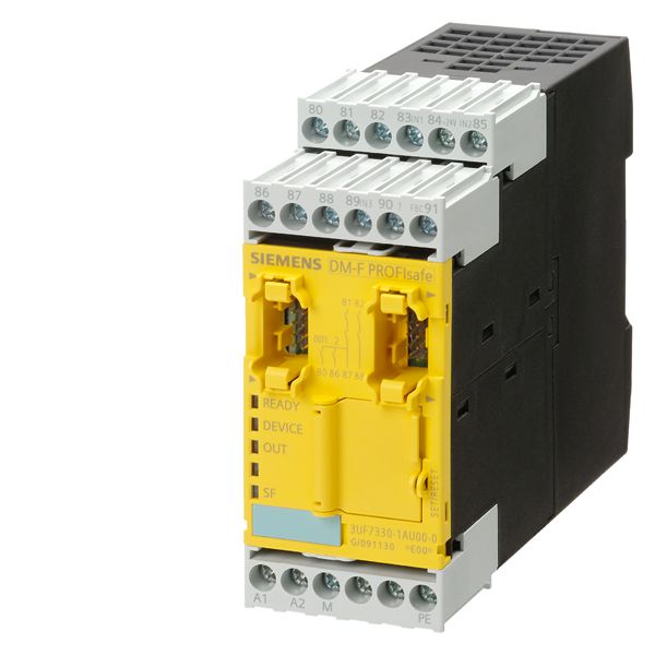 Fail-safe digital module dm-f profisafe for fail-safe switch-off via bus / profisafe uv 110..240 V AC/DC, 2 relay enabling circuits 2 relay outputs 3 inputs max. err. sil (iec 61508) 3 max. err. pl (iso 13849-1) e
