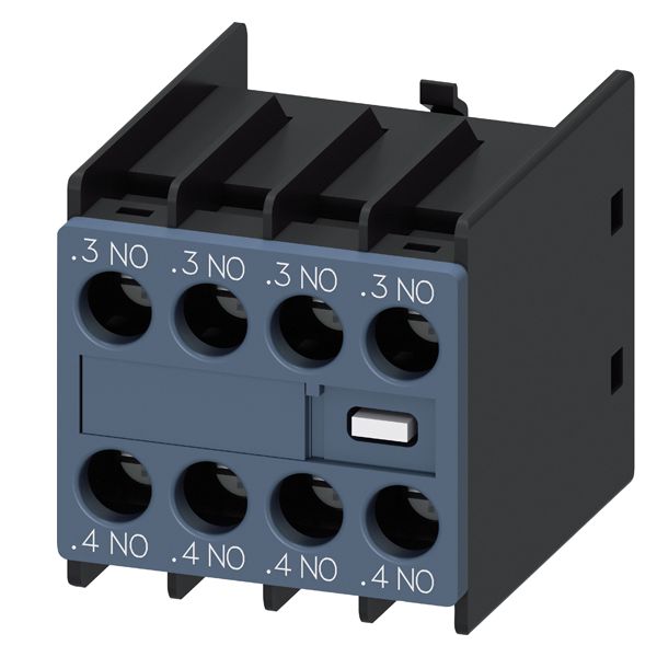 Aux.switch block,front,4NO, curr.path 1NO, 1NO, 1NO, 1NO, f. cont. relays a. motor cont., sz s00 and s0, screw terminal .3 / .4,.3 / .4,.3 / .4,.3 / .4