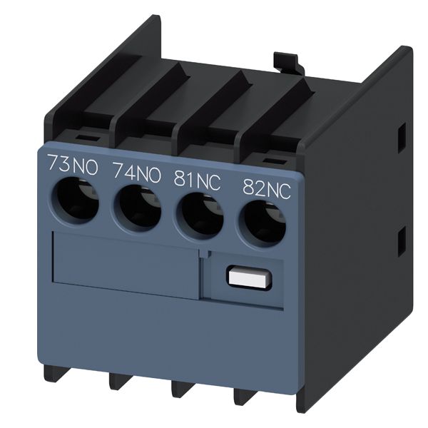 Aux.switch block,front,1NO+1NC, curr.path 1NO, 1NC, conn.f.ab., f. cont. relaysa. motor cont., sz s00 and s0, screw terminal 73 / 74, 81 / 82