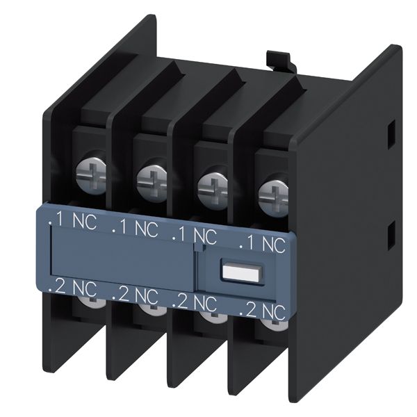 Aux.switch block,front,4nc, curr.path 1NC, 1NC, 1NC, 1NC, f. cont. relays a. motor cont., sz s00 and s0, ring cable lug connection .1 / .2,.1 / .2,.1 /.2,.1 / .2