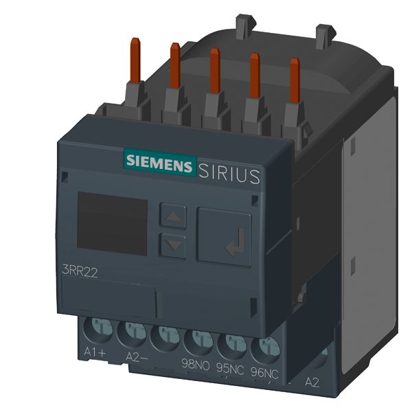 Monitoring relay attachable to contactor 3rt2. size s00 standard, digital adjustable apparent/active current monit. 1.6 - 16a, 20-400 HZ, 3-phase supply 24-240V AC/DC 1 co contact, 1 semicond. for alarm and warning monitoring for current overshoot/undershoot phase failure, wire break phase sequence fault current blocking current warning and alarm thresholds with or w/o error log on-delay 0-99 s spurious peak suppr. 0-30 s break after fault 0-300 min screw connection