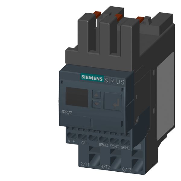 MONITORING RELAY ATTACHABLE TO CONTACTOR 3RT2. SIZE S0 STANDARD, DIGITAL ADJUSTABLE APPARENT/ACTIVE CURRENT MONIT. 4 - 40A, 20-400 HZ, 3-PHASE SUPPLY 24 V AC/DC 1 CO CONTACT, 1 SEMICOND. FOR ALARM AND WARNING MONITORING FOR CURRENT OVERSHOOT/UNDERSHOOT PHASE FAILURE, WIRE BREAK PHASE SEQUENCE FAULT CURRENT BLOCKING CURRENT WARNING AND ALARM THRESHOLDS WITH OR W/O ERROR LOG ON-DELAY 0-99 S SPURIOUS PEAK SUPPR.0-30 S BREAK AFTER FAULT 0-300 MIN SPRING-LOADED CONNECTION
