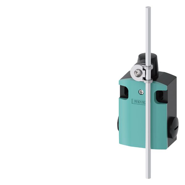 Position switch metal enclosure 56 mm wide, device connection 3x (m20x 1.5), 1 no/1 nc quick action contacts, rotary actuator right/left adjustable, rod lever made of aluminum 200 mm long