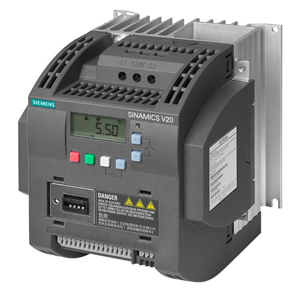 SINAMICS v20 3AC380-480v -15/+10% 47-63HZ rated power 4KW with 150% overload for 60sec unfiltered i/o-interface 4di, 2do,2ai,1ao fieldbus uss/ modbus rtu with inbuilt bop protection IP20/ ul open type size fsb 140x160x165(hxwxd)