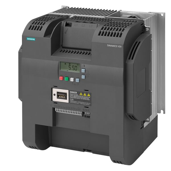 SINAMICS v20 3AC380-480v -15/+10% 47-63HZ output high overload 18,5KW with 150%overload for 60sec output low overload 22KW with 110% overload for 60sec integrated filter c3 i/o-interface 4di, 2do,2ai,1ao fieldbus uss/ modbus rtu with inbuilt bop protection IP20/ ul open type size fse 264,5x243,5x209(hxwxd)