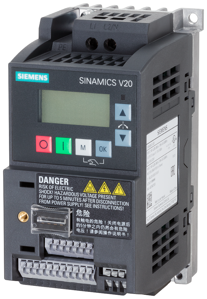 SINAMICS V20 1AC200-240V -10/+10% 47-63HZ RATED POWER 0.12KW WITH 150% OVERLOADFOR 60SEC UNFILTERED I/O-INTERFACE 4DI. 2DO.2AI.1AO FIELDBUS USS/ MODBUS RTU WITH INBUILT BOP PROTECTION IP20/ UL OPEN TYPE SIZE FSAA 68x142x108(WXHXD)