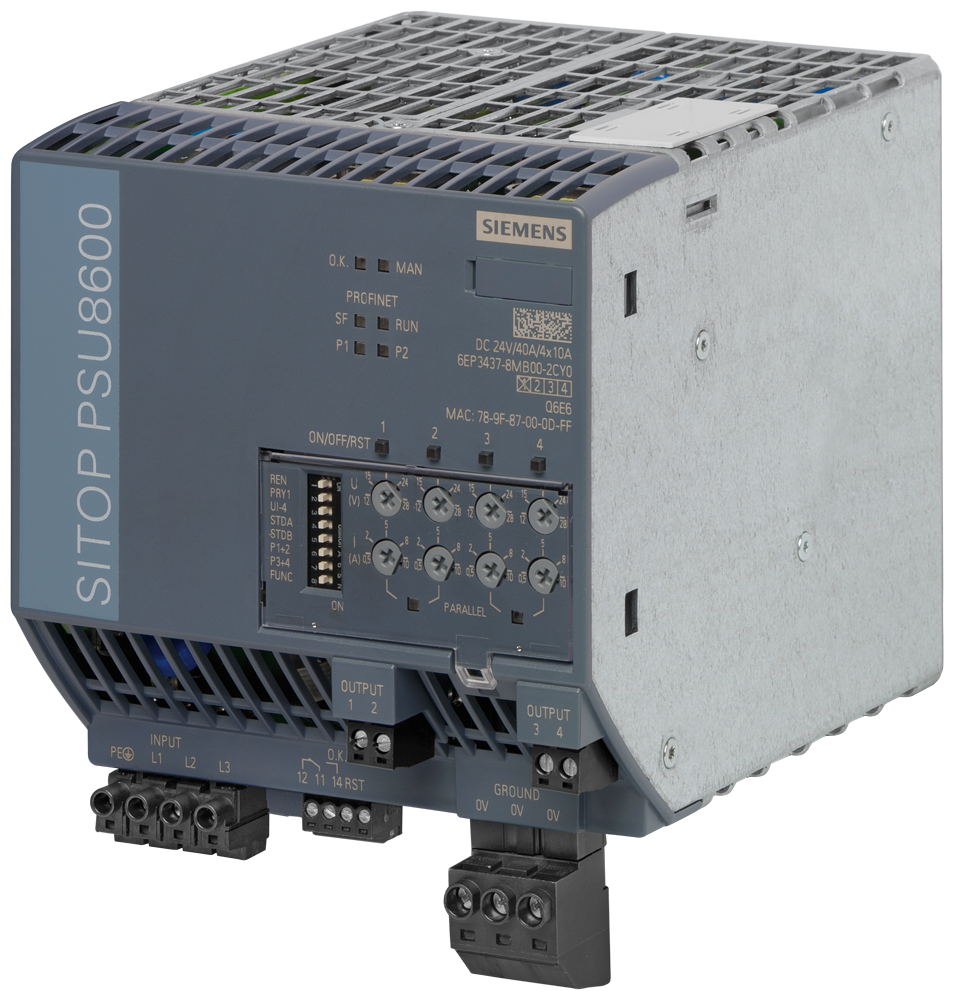 SITOP PSU8600 40A/4X 10A PN STABILIZED POWER SUPPLY INPUT 3 400-500 V AC OUTPUT24 V/40 A/4X 10 A DC WITH PN/IE CONNECTION