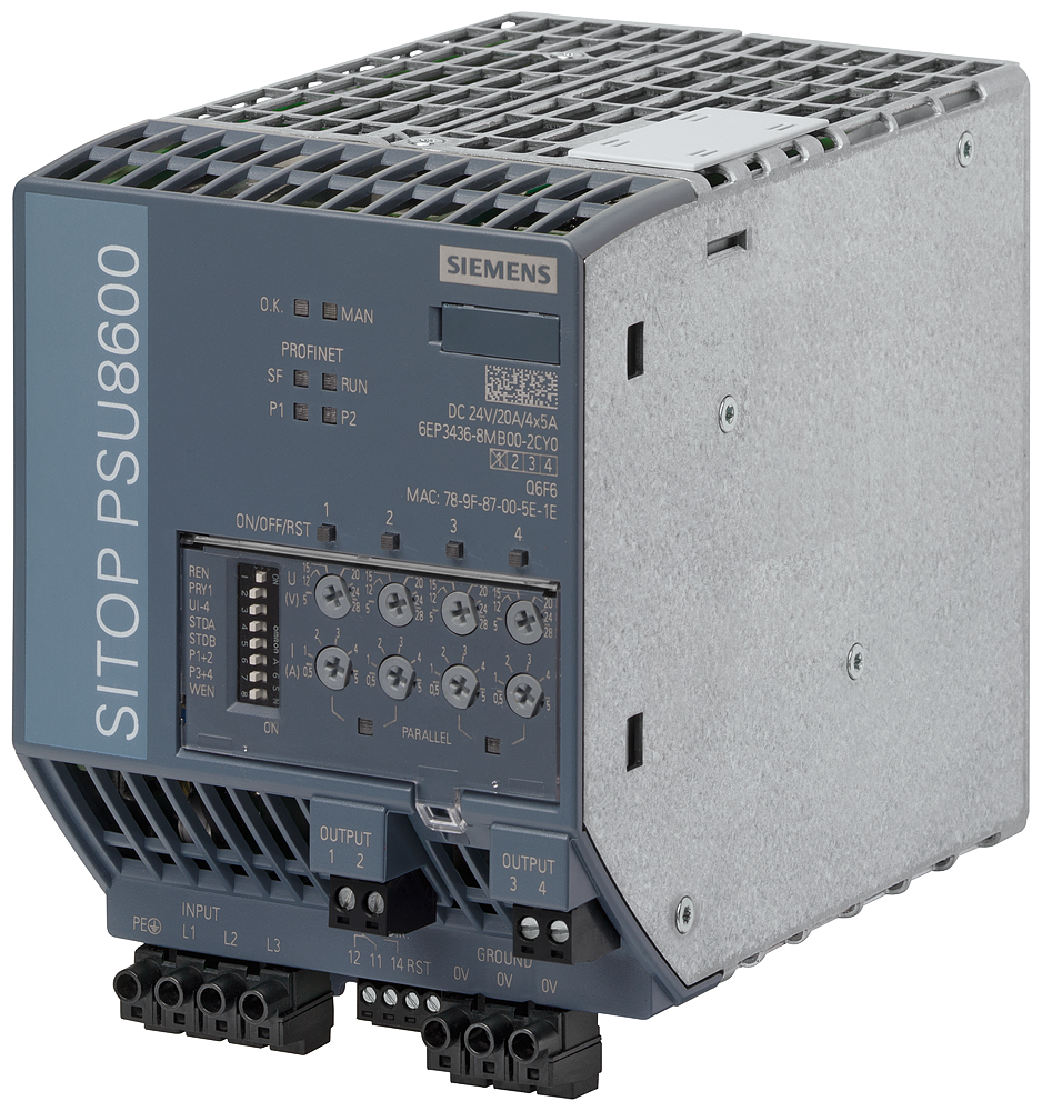 SITOP PSU8600 20A/4X 5A PN STABILIZED POWER SUPPLY INPUT 3 400-500 V AC OUTPUT 24 V/20 A/4X 5 A DC WITH PN/IE CONNECTION