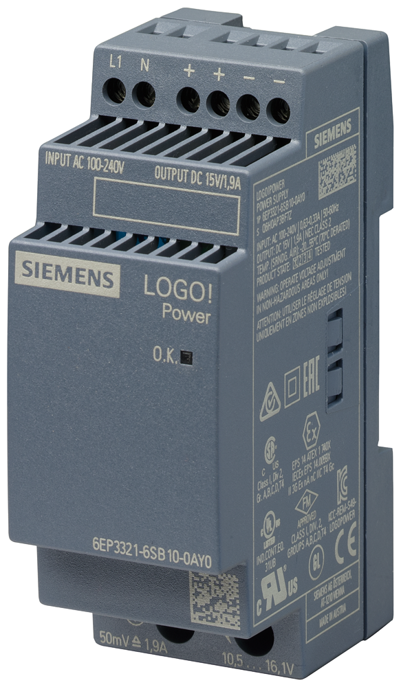 LOGO!POWER 15 V / 1.9 A stabilized power supply input 100-240 V AC output 15 V / 1.9 A DC