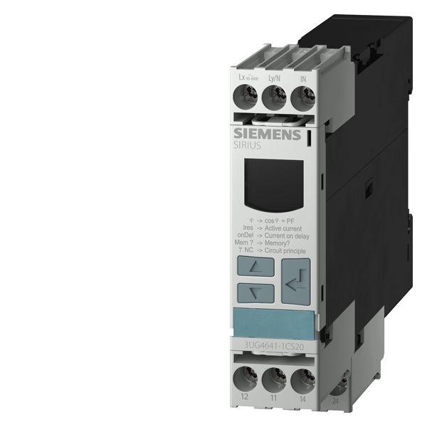 Digital monitoring relay cos phi and current monitoring from 90-690 V AC 0vershoot and undershoot self-supplied 50 to 60 HZ AC noise pulses delay 0.1 to 20 s hysteresis for (i) 0.1 to 2 a 2 change-over contacts with or without fault bufferscrew terminal successor product for 3ug3014