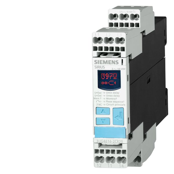 Digital monitoring relay 3-phase supply voltage phase sequence can be ACtivatedphase failure 3 x 160 to 690 v 50 to 60 HZ AC undervoltage and overvoltage 160-690 v hysteresis 1-20 v 0-20 s eACh for umin and umax 1 co for umin 1 co for umax spring-type connection system