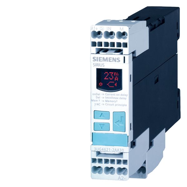 Digital monitoring relay current monitoring, 22.5mm from 0.05 to 10a AC/DC overshoot and undershoot AC/DC 24 to 240V DC and AC 50 to 60 HZ startup and interf. peak delay 0.1 to 20s hysteresis 0.01 to 5a 1 changeover contact w. or w/o errorlog spring-loaded type