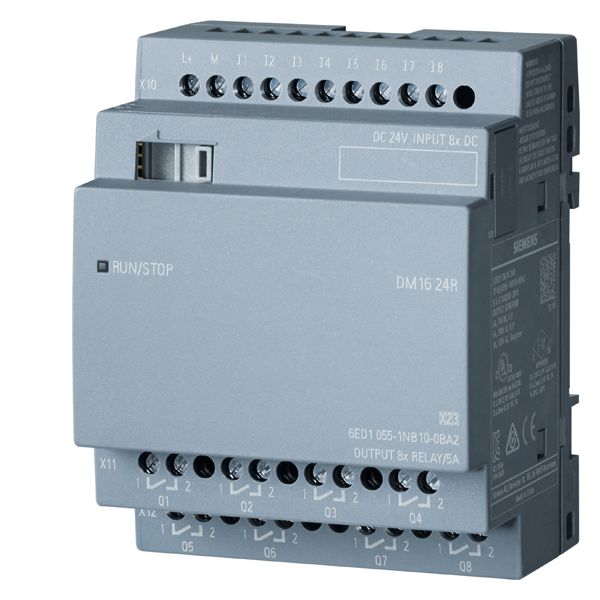 LOGO! dm16 24r, exp. module, pu/i/o 24V DC/24V DC/relay, 8 di/8 do, 4te for LOGO! 8