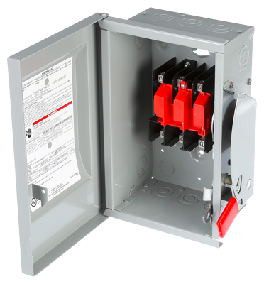 Siemens Low Voltage Circuit Protection General Duty Safety Switch. 2-Pole or 3-Pole Non-Fused in a type 1 enclosure (indoor). Rated 240VAC (30A). Horse power 1-PH 2-W (3), 3-PH 3-W (7-1/2), 250VDC (5). Special features service entrance labeled suitable for 3-PH motor loads, (bulk pack).